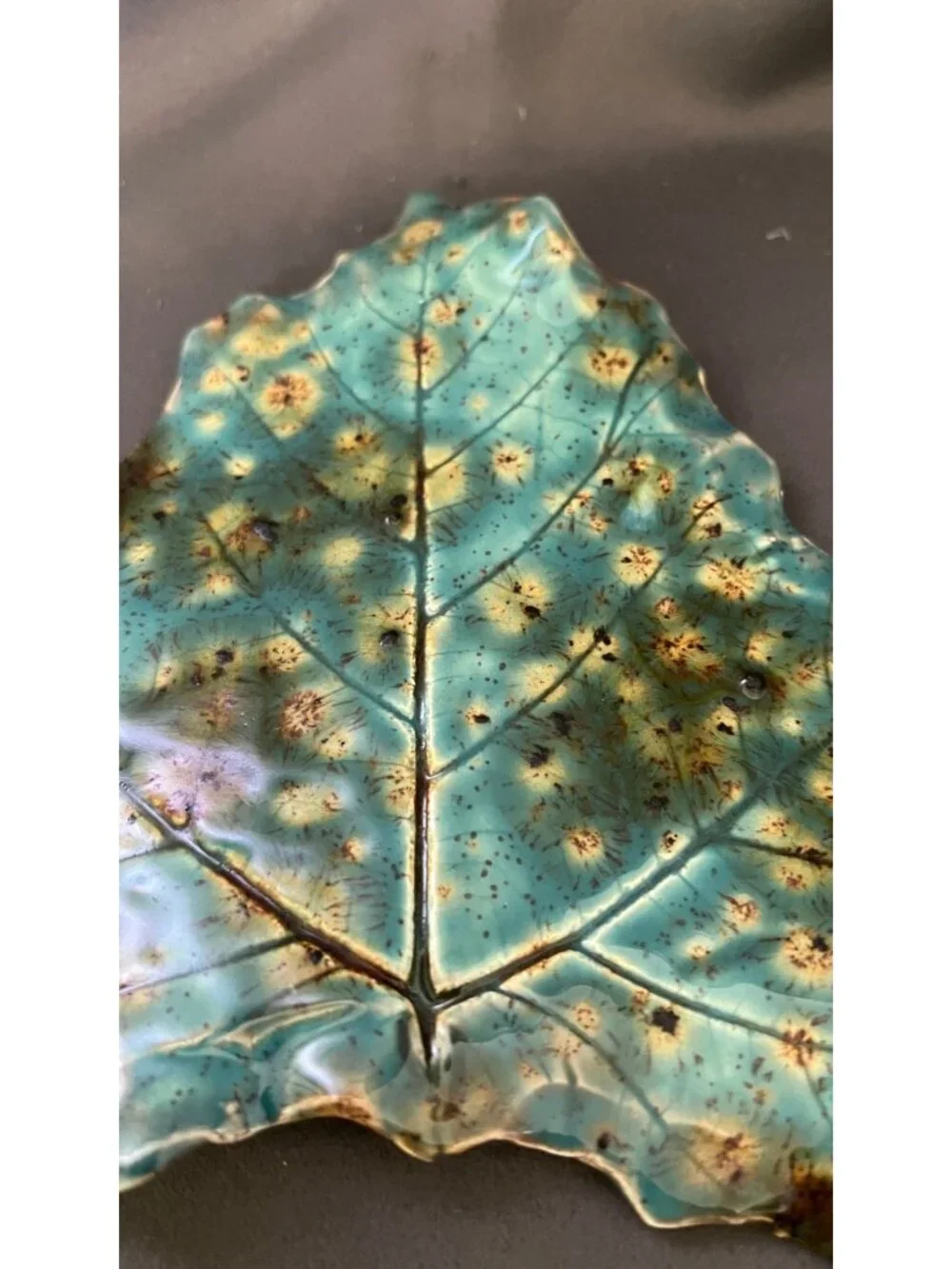 Handcrafted Ceramic Leaf-Shaped Decorative Plate Turquoise & Brown